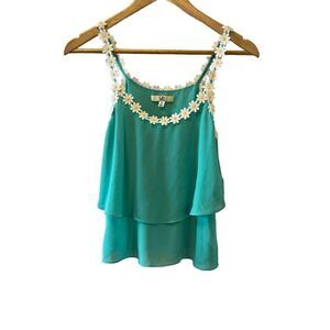 Light Green Floral Trim Lightweight Scoop Neck Flowy Chiffon Tiered Tank Top S